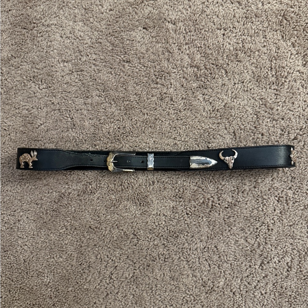 REI Belt Women size S/M Black Leather Southwestern Animal Accents Silver Buckle